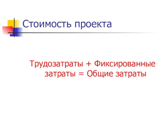 Стоимость проекта Трудозатраты + Фиксированные затраты = Общие затраты