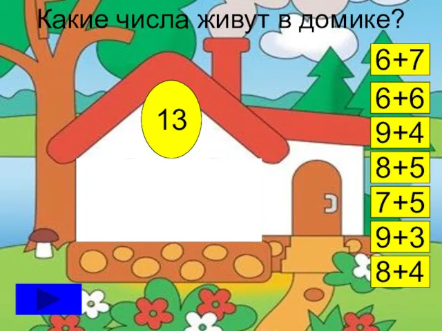 Какие числа живут в домике? 6+7 6+6 9+4 8+5 8+4 7+5 6+6 9+3