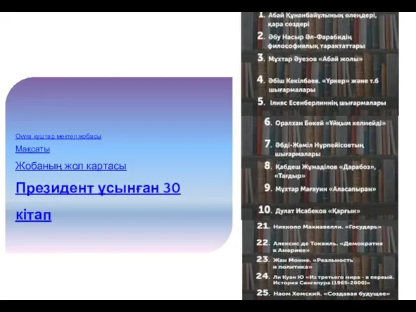 Оқуға құштар мектеп жобасы Мақсаты Жобаның жол картасы Президент ұсынған 30 кітап