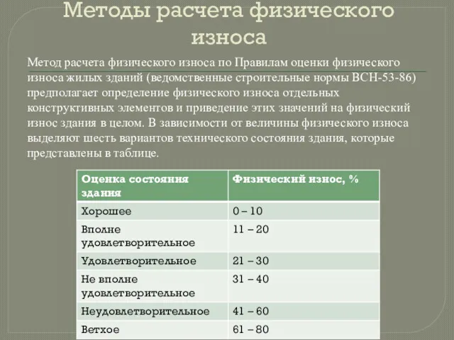 Методы расчета физического износа Метод расчета физического износа по Правилам оценки физического износа