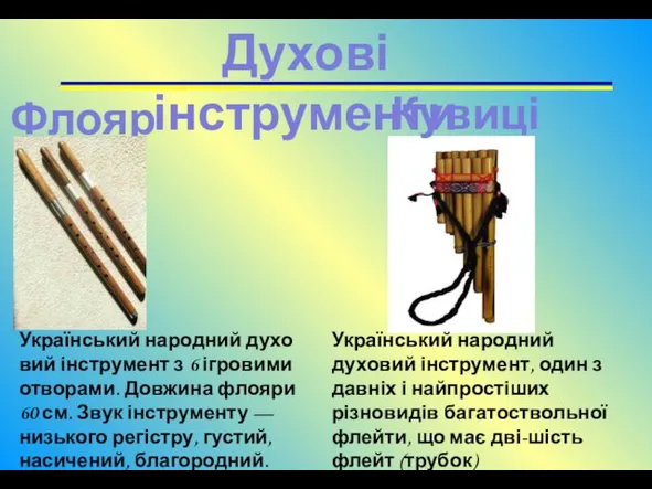 Флояра Духові інструменти Кувиці Український народний духовий інструмент з 6 ігровими отворами. Довжина