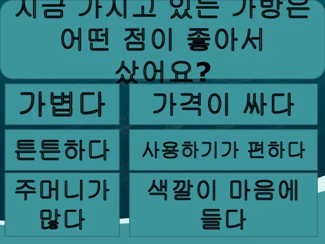 지금 가지고 있는 가방은 어떤 점이 좋아서 샀어요? 가볍다 가격이