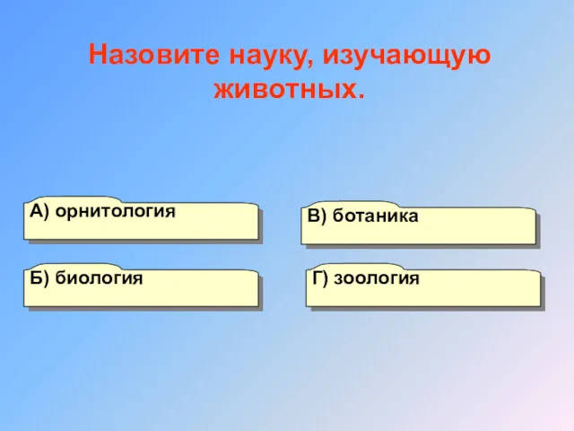 А) орнитология Б) биология Г) зоология В) ботаника Назовите науку, изучающую животных.