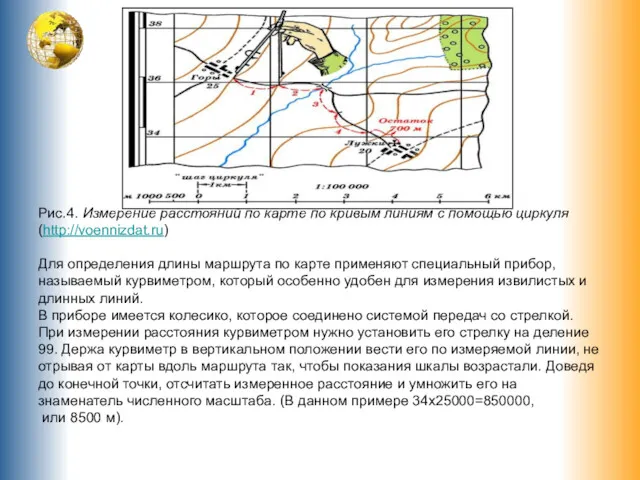 Рис.4. Измерение расстояний по карте по кривым линиям с помощью циркуля (http://voennizdat.ru) Для