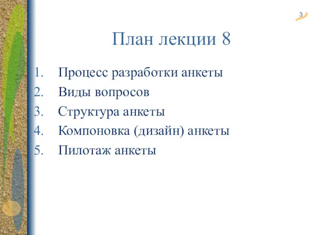 Процесс разработки анкеты Виды вопросов Структура анкеты Компоновка (дизайн) анкеты Пилотаж анкеты План лекции 8