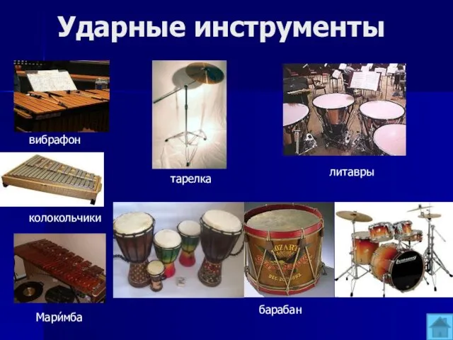 Ударные инструменты тарелка вибрафон барабан литавры колокольчики Мари́мба