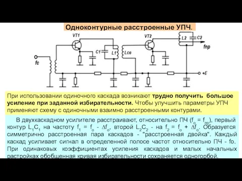 Одноконтурные расстроенные УПЧ. В двухкаскадном усилителе расстраивают, относительно ПЧ (fo