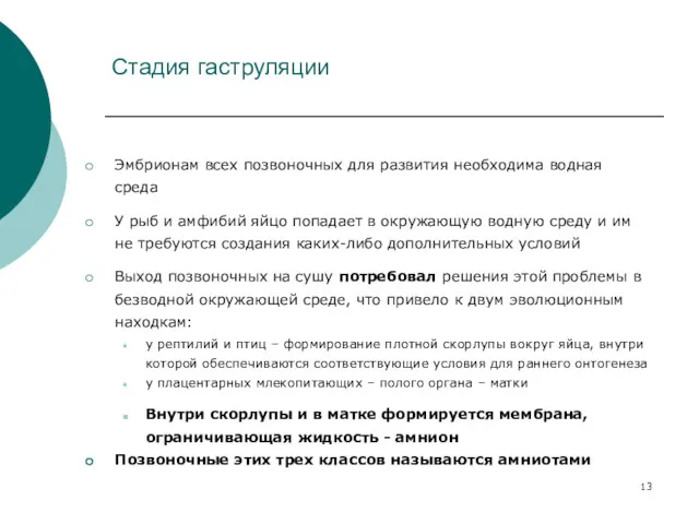 Стадия гаструляции Эмбрионам всех позвоночных для развития необходима водная среда