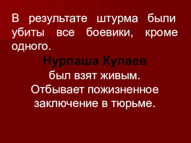 В результате штурма были убиты все боевики, кроме одного. Нурпаша