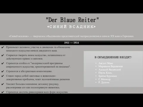 "Der Blaue Reiter" «СИНИЙ ВСАДНИК» «Синий всадник» — творческое объединение