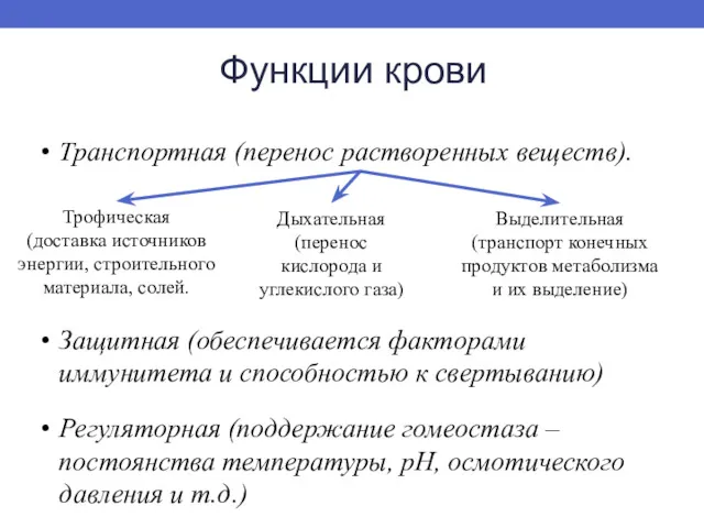 Функции крови Транспортная (перенос растворенных веществ). Трофическая (доставка источников энергии,