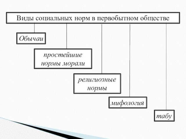 Виды социальных норм в первобытном обществе Обычаи простейшие нормы морали религиозные нормы мифология табу