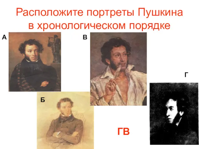 Расположите портреты Пушкина в хронологическом порядке А Б В Г ГВ
