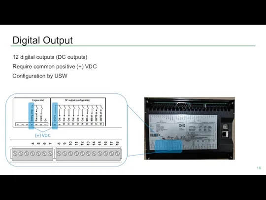 Digital Output 12 digital outputs (DC outputs) Require common positive (+) VDC Configuration by USW