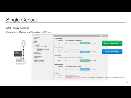 Single Genset AMF delay settings Parameter > Mains > AMF