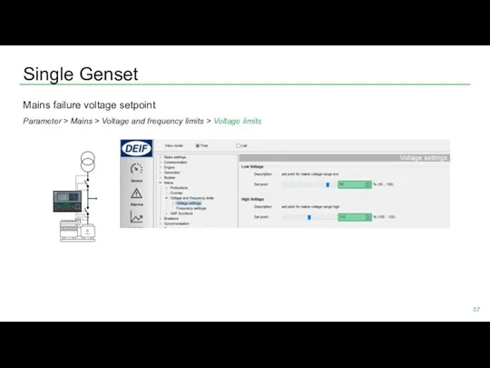 Single Genset Mains failure voltage setpoint Parameter > Mains >