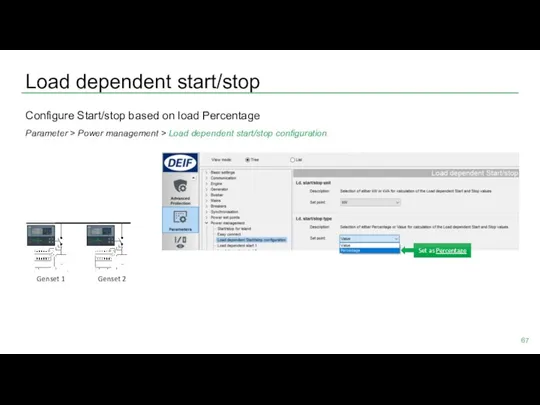 Load dependent start/stop Configure Start/stop based on load Percentage Parameter