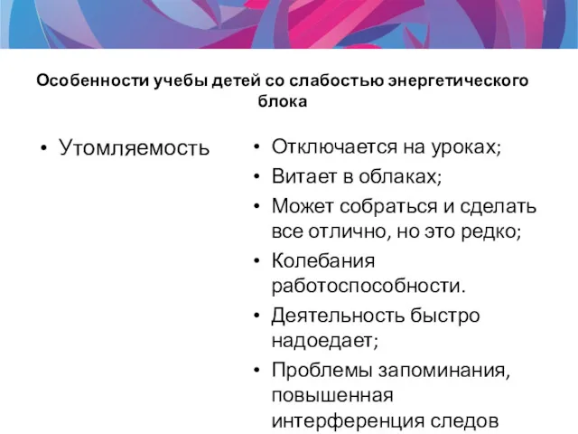 Особенности учебы детей со слабостью энергетического блока Утомляемость Отключается на