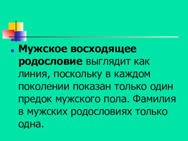 Мужское восходящее родословие выглядит как линия, поскольку в каждом поколении