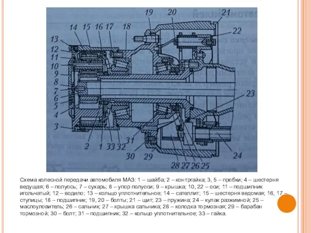 Схема колесной передачи автомобиля МАЗ: 1 – шайба; 2 –