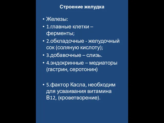 Строение желудка Железы: 1.главные клетки – ферменты; 2.обкладочные - желудочный