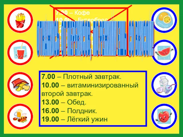 7.00 – Кофе 10.00 – Бутерброд 12.00 - Доширак 14.00