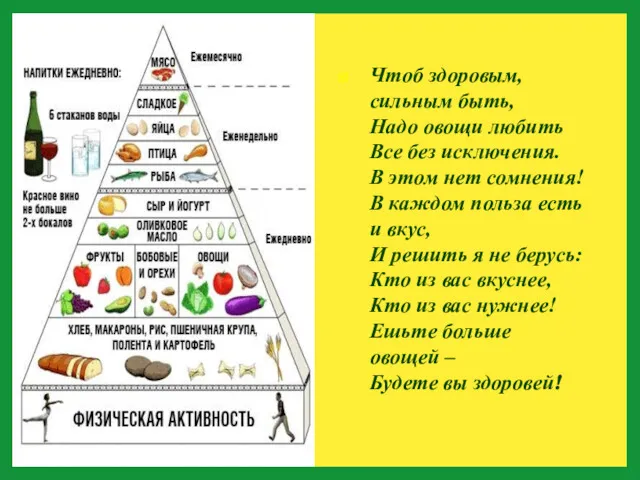 Чтоб здоровым, сильным быть, Надо овощи любить Все без исключения.