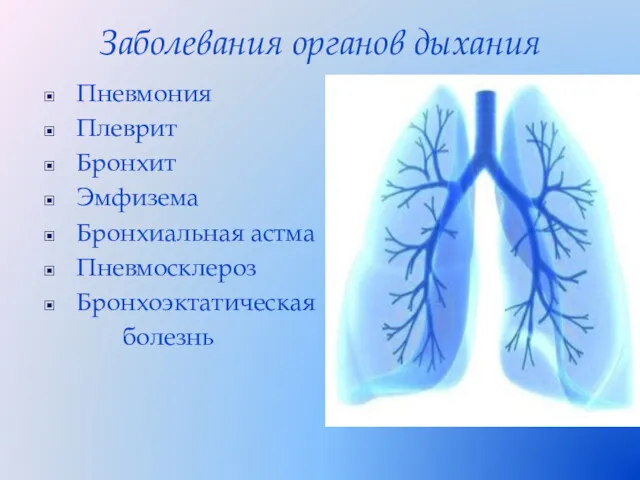 Заболевания органов дыхания Пневмония Плеврит Бронхит Эмфизема Бронхиальная астма Пневмосклероз Бронхоэктатическая болезнь