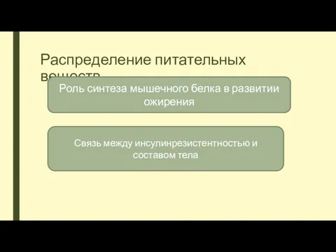 Распределение питательных веществ Роль синтеза мышечного белка в развитии ожирения Связь между инсулинрезистентностью и составом тела