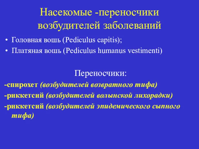 Насекомые -переносчики возбудителей заболеваний Головная вошь (Pediculus capitis); Платяная вошь (Pediculus humanus vestimenti)