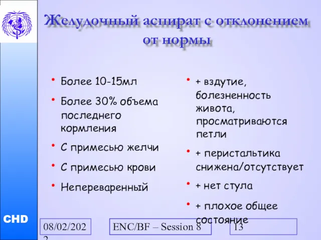 08/02/2022 ENC/BF – Session 8 Желудочный аспират с отклонением от