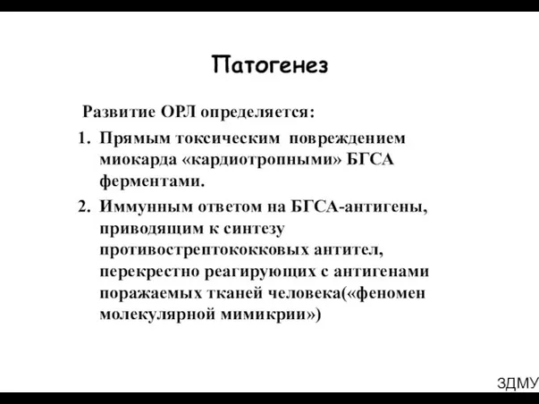 ЗДМУ Патогенез Развитие ОРЛ определяется: Прямым токсическим повреждением миокарда «кардиотропными»