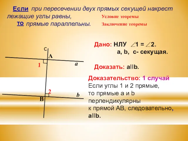 при пересечении двух прямых секущей накрест лежащие углы равны, прямые параллельны. b а