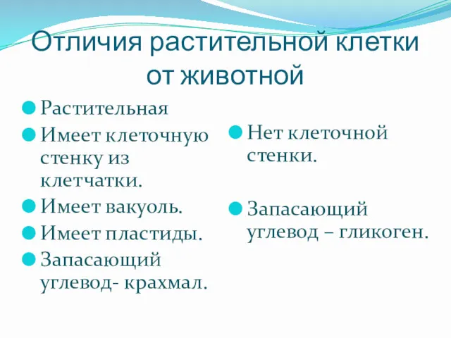 Отличия растительной клетки от животной Растительная Имеет клеточную стенку из