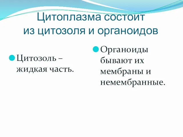 Цитоплазма состоит из цитозоля и органоидов Цитозоль – жидкая часть. Органоиды бывают их мембраны и немембранные.