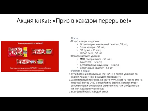 Акция KitKat: «Приз в каждом перерыве!» Призы: Подарок первого уровня: