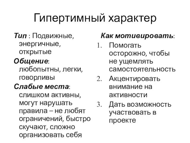 Тип : Подвижные, энергичные, открытые Общение: любопытны, легки, говорливы Слабые