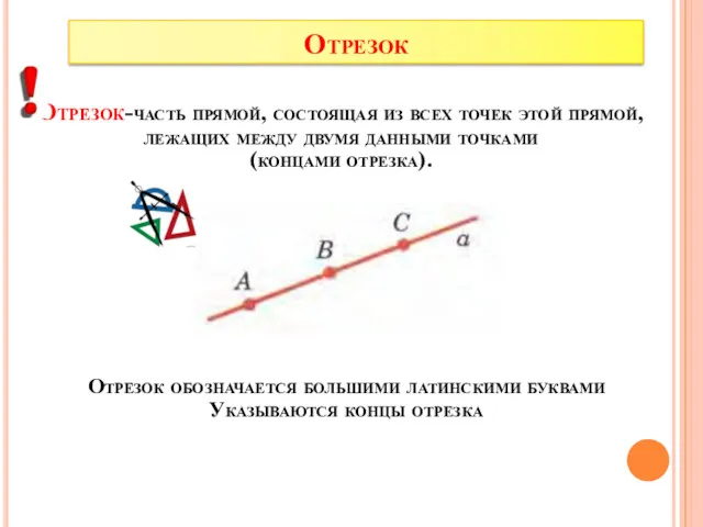 Отрезок Отрезок-часть прямой, состоящая из всех точек этой прямой, лежащих