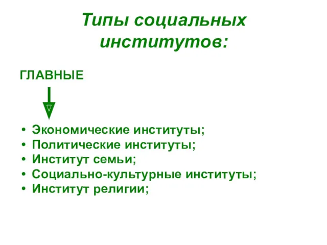 Типы социальных институтов: ГЛАВНЫЕ Экономические институты; Политические институты; Институт семьи; Социально-культурные институты; Институт религии;