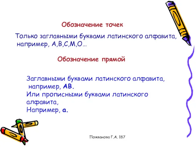 Пожванова Г.А. 187 Обозначение точек Только заглавными буквами латинского алфавита,