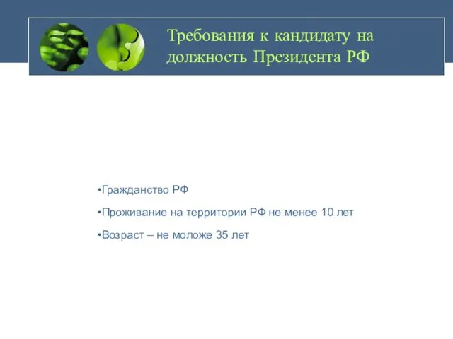 Требования к кандидату на должность Президента РФ Гражданство РФ Проживание