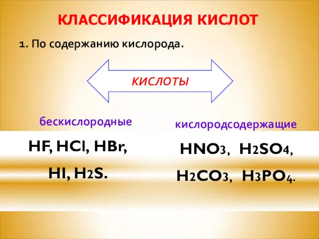 КЛАССИФИКАЦИЯ КИСЛОТ бескислородные HF, HCl, HBr, HI, H2S. 1. По