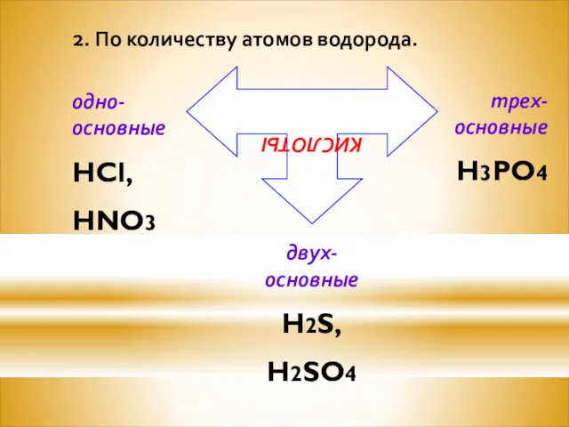 2. По количеству атомов водорода. КИСЛОТЫ одно-основные HCl, HNO3 двух-основные H2S, H2SO4 трех-основные H3PO4
