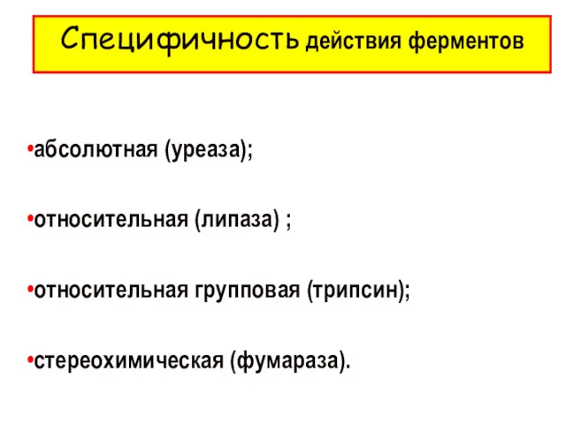 Специфичность действия ферментов абсолютная (уреаза); относительная (липаза) ; относительная групповая (трипсин); стереохимическая (фумараза).