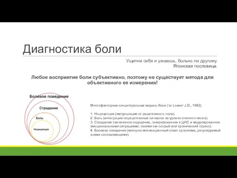 Диагностика боли Любое восприятие боли субъективно, поэтому не существует метода