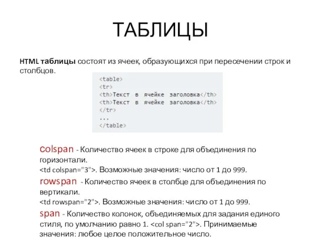 ТАБЛИЦЫ HTML таблицы состоят из ячеек, образующихся при пересечении строк