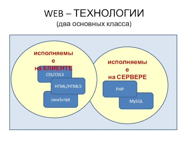 WEB – ТЕХНОЛОГИИ (два основных класса) CSS/CSS3 JavaScript MySQL исполняемые