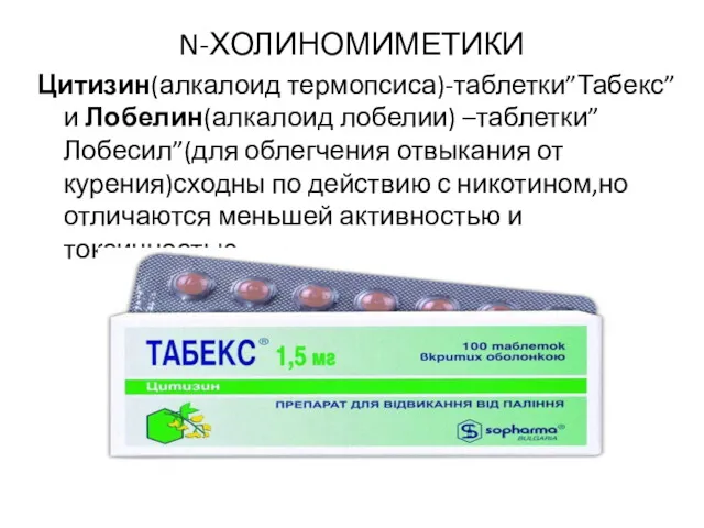 N-ХОЛИНОМИМЕТИКИ Цитизин(алкалоид термопсиса)-таблетки”Табекс” и Лобелин(алкалоид лобелии) –таблетки”Лобесил”(для облегчения отвыкания от