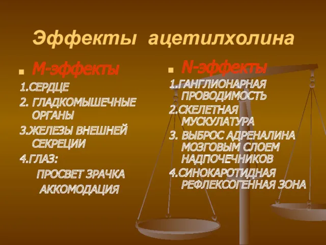 Эффекты ацетилхолина М-эффекты 1.СЕРДЦЕ 2. ГЛАДКОМЫШЕЧНЫЕ ОРГАНЫ 3.ЖЕЛЕЗЫ ВНЕШНЕЙ СЕКРЕЦИИ