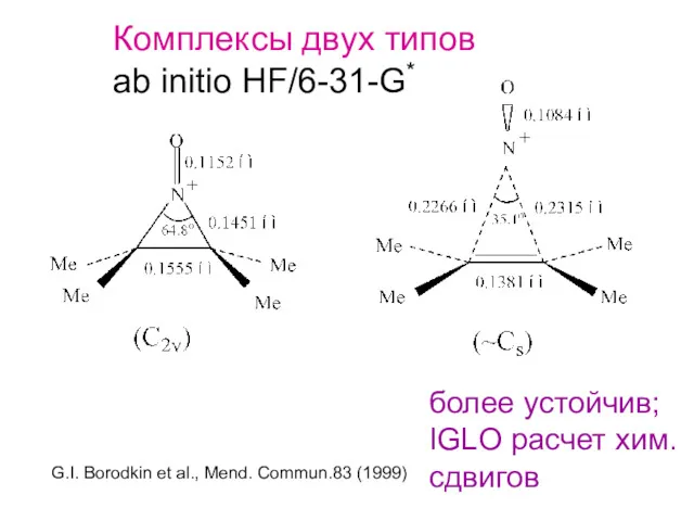 Комплексы двух типов ab initio HF/6-31-G* более устойчив; IGLO расчет